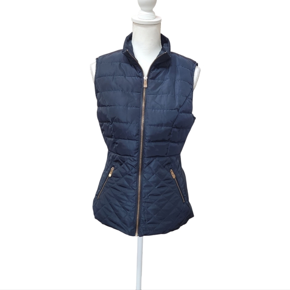Ci Sono Los Angeles Quilted Puffer Faux Sherpa Lined Vest Jacket Navy Small